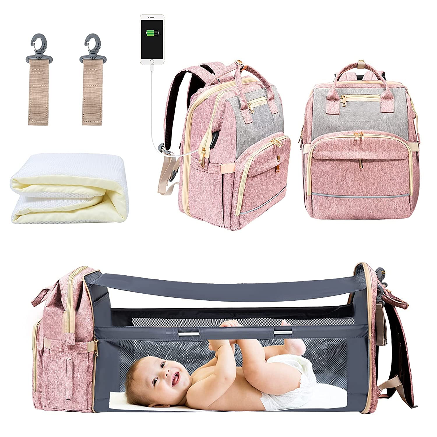 Diaper Bag Backpack Baby Bag with Changing Station Portable Mommy Bag Foldable Crib Large Capacity Multifunctional Nappy Bag with USB Charge Port Baby Bassinet Travel Bag for Boy&Girl Gray 