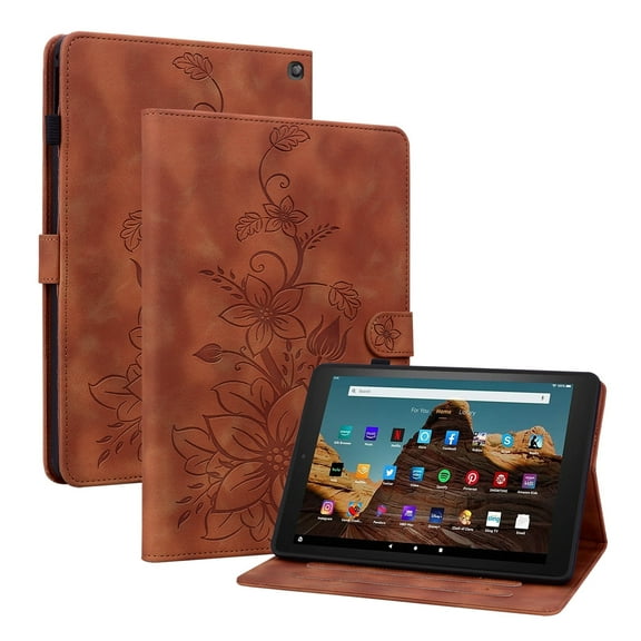 XYX for Kindle Fire HD 10 (11th Generation, 2021 Release) Case, PU Leather Slim Folio with Multi-Angle Stand - Brown Lily Flower