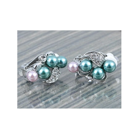 June Birthstone Flower - Simple Green Purple Faux Pearls Crystal Elements Flower Clip Earrings