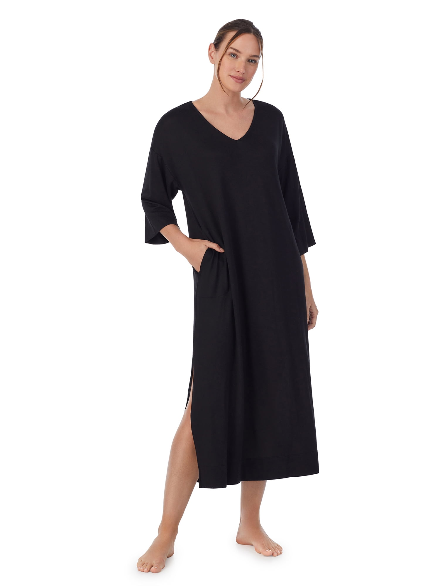 Aria Women's Sweater Knit 3/4 Sleeve V-Neck Lounger Nightgown with Pockets, Sizes XS to 5X