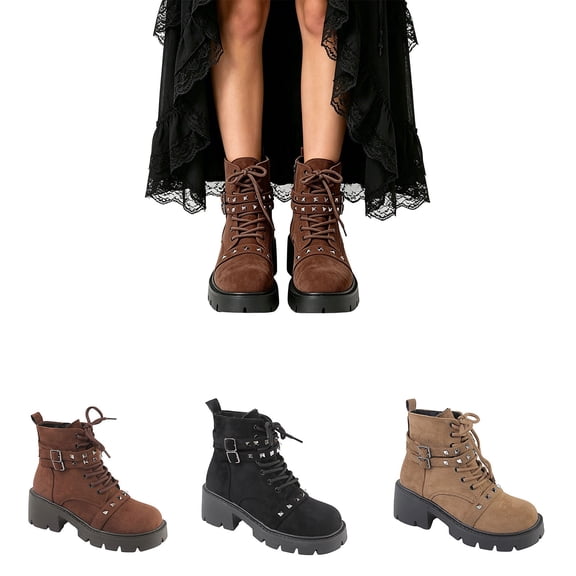 WAVSUF Women's Combat Ankle Boots Soft Sole Wide Width Lace Up Fall Warm Platform Boots Brown 7.5