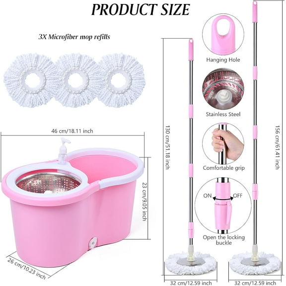 Cute Pink Mop and Bucket Set with 3  Refills for Home Cleaning