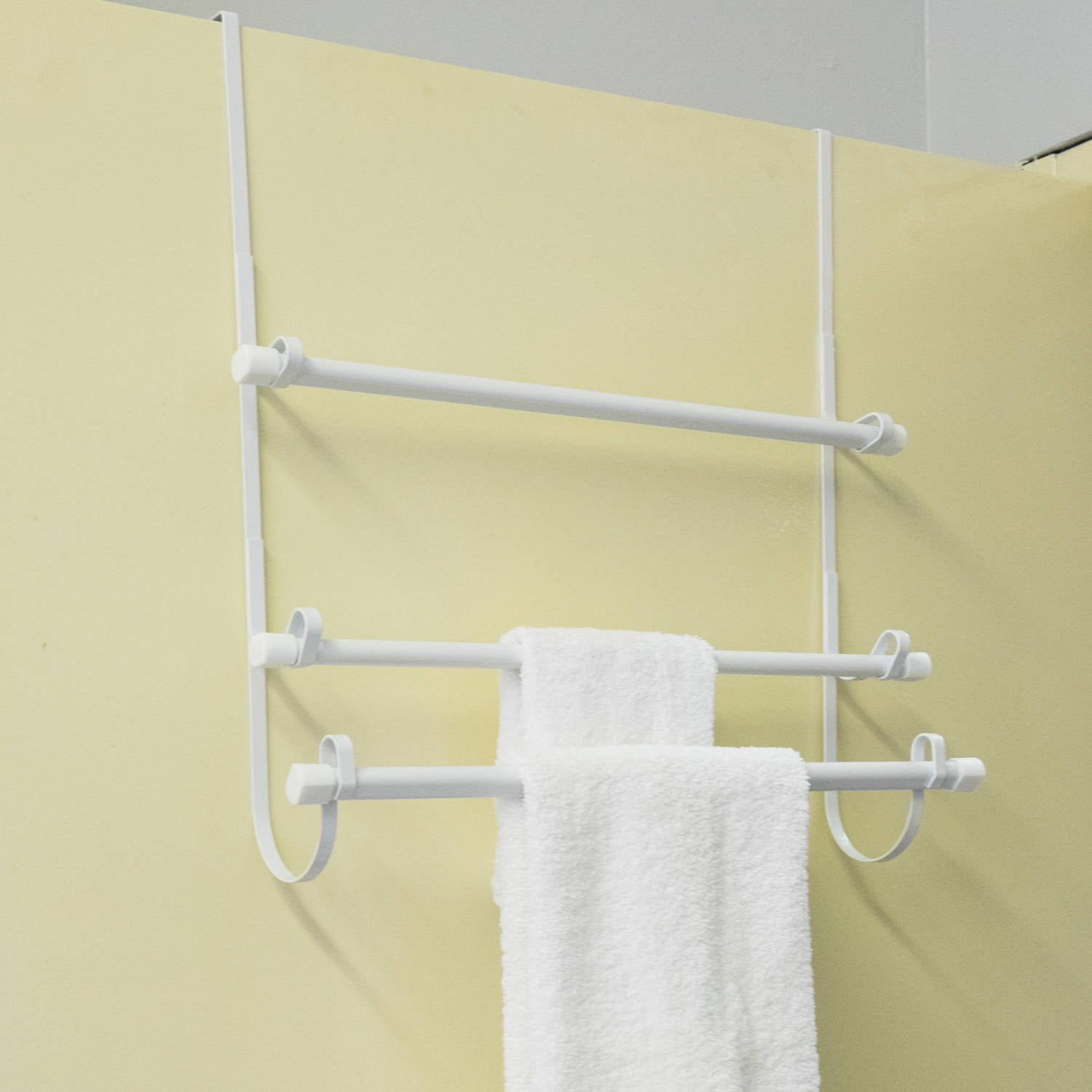Epoxy Steel Over The Door Bathroom White Towel Hanger Organizer, 3 Bar Rack