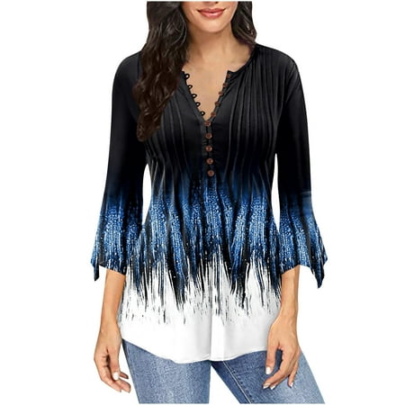 

COBKK Womens Shirts Vintage Long Sleeve Round-Neck Blouses & Shirts Women s Casual Trumpet 3/4 Sleeve Printed Buttoned Basic Ruched Corset Tunic Tops Pleated T-shirts Blouses Blue