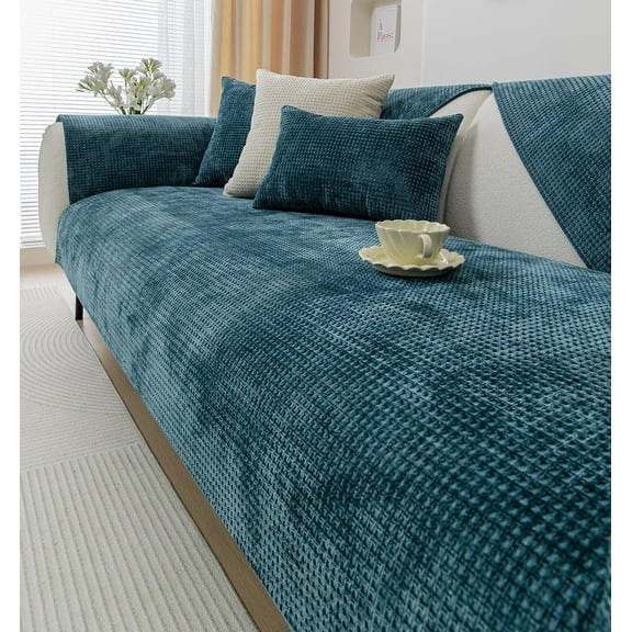 XmhyTop Farmhouse Plaid Chenille Couch Sofa Cover Super Soft Plush Sectional Couch Covers Anti-Slip Solid Sofa Slipcover for Dogs, Pets Furniture Protector (Dark Green,28"x28")