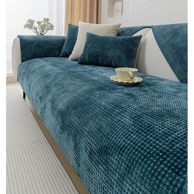 Nvzi Farmhouse Plaid Chenille Couch Sofa Cover Super Soft Plush Sectional Couch Covers Anti-Slip Solid Sofa Slipcover for Dogs, Children, Pets Furniture Protector (Dark Green,36x82)
