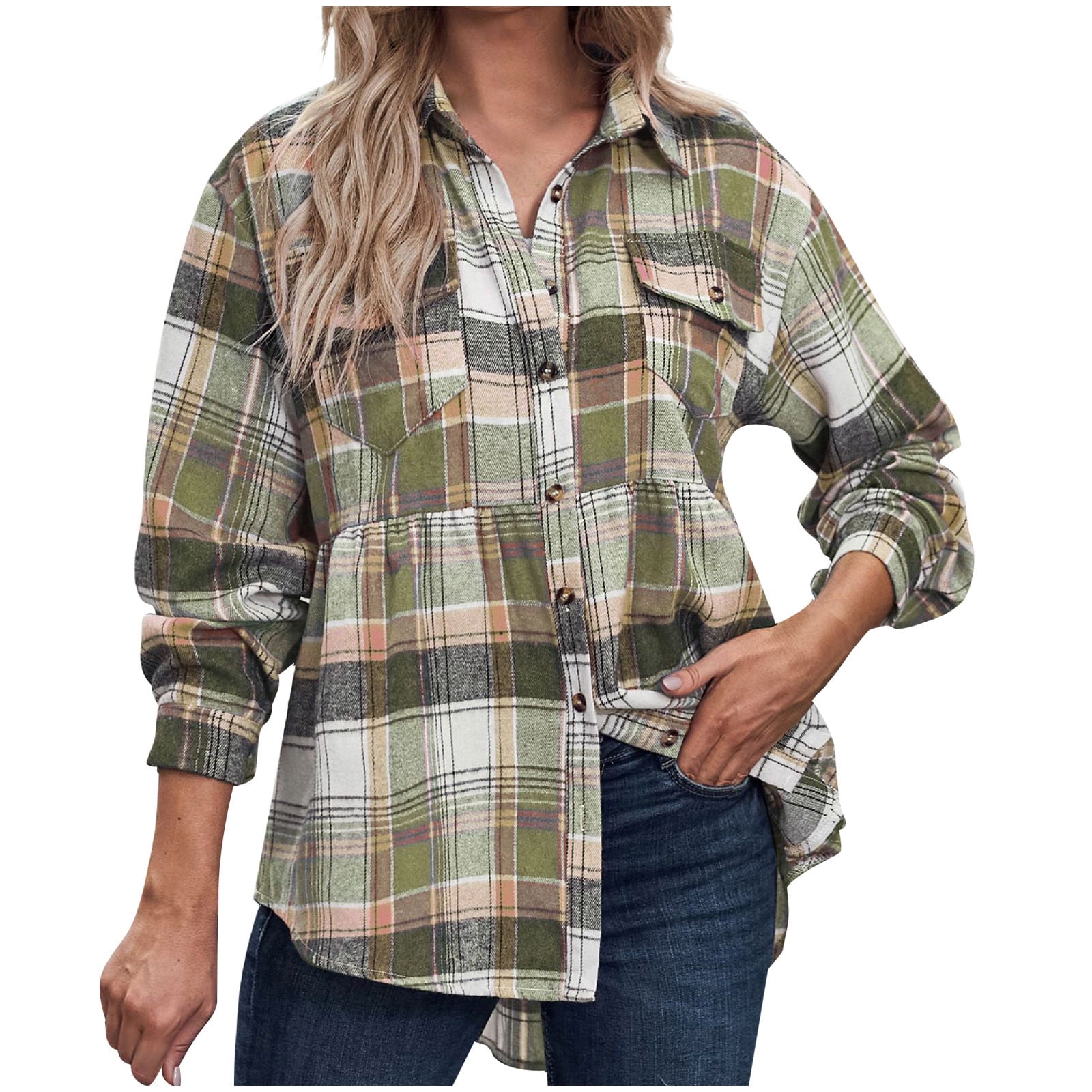 Xflwam Oversized Flannel Shirt Women Long Sleeve Plaid Button Down Buffalo Shirt Blouse Tops with Pocket Red M, Women's, Size: Medium