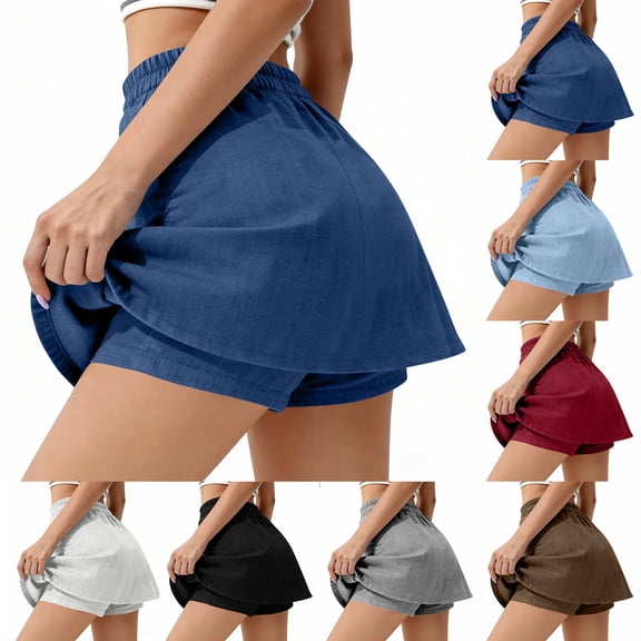XUNKUSGA Skorts for Woman Comfortable High Elastic Waist Womens Skorts Casual Going Out Skirt with Built-In Shorts Solid Color Loose A-Line Mini Skirt,Navy,S