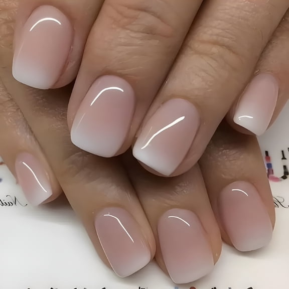 RAGUPEL 24Pcs Short Square Press on Nails, Ombre French Acrylic Fake Nails, Glossy Full Cover False Tips for Women Manicure