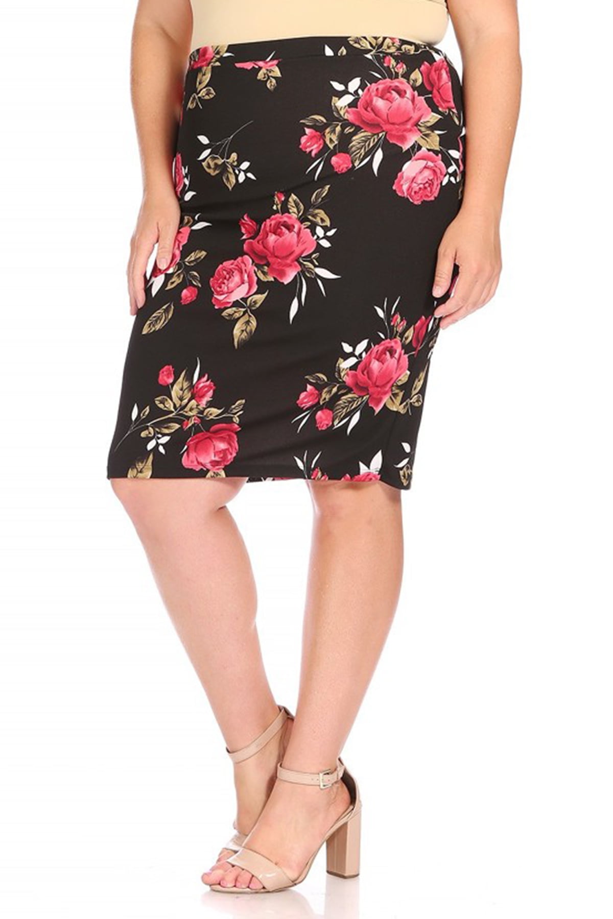 スカート Floral Hem Pencil Skirt Women's Plus Size Floral Print Knee-Length Fitted Style
