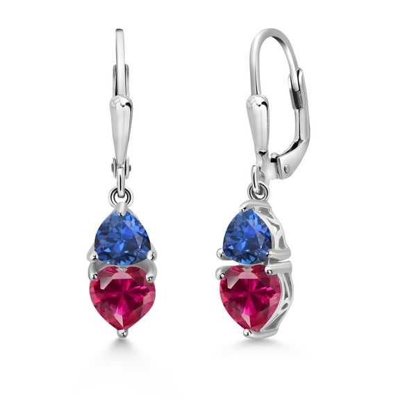 Gem Stone King 925 Sterling Silver Red Created Ruby and Blue Created Sapphire Dangle Leverback Earrings for Women (3.00 Cttw, Gemstone July Birthstone, Heart Shape 6MM, Trillion 5MM)