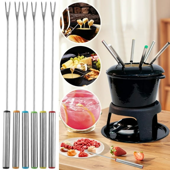 6-Piece Stainless Steel Fondue Forks Set with Heat Resistant Handle Color Coded Marshmallow Roasting Skewers for BBQ Fruits Vegetables Grilling Tools