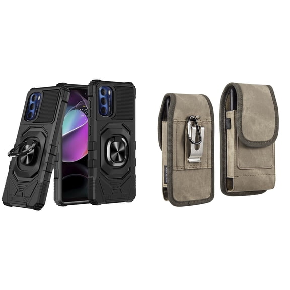 Case with Belt Holster Bundle for Moto G Stylus 5G 2022: Heavy Duty Shield Cover (Black) and Vertical Rugged Denim Nylon Phone Pouch (Brown)
