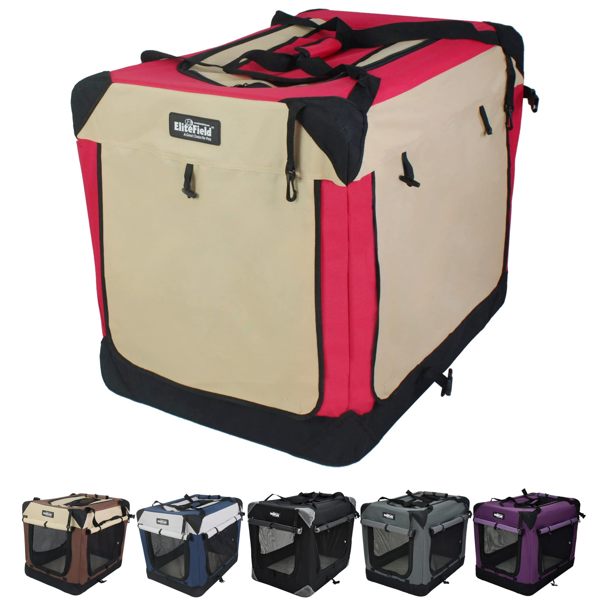 EliteField 4 Door Folding Soft Dog Crate with Curtains Carrying Bag and Fleece Bed 2 Year Warranty Indoor Outdoor Pet Home 30 L x 21 W x 24 H Red Beige Walmart