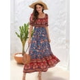 thumbnail image 6 of Women'S Summer Off Shoulder Boho Floral Print Tiered Casual Flowy Long Maxi Dress Blue Bottom L, 6 of 10