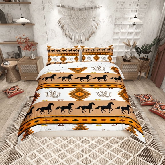 Erosebridal Rustic Farmhouse Horse Comforter Cover Twin, Brown Aztec Bedding Twin Size, Lodge Cabin Bedroom Decor, Reversible 2 Pieces (No Comforter)