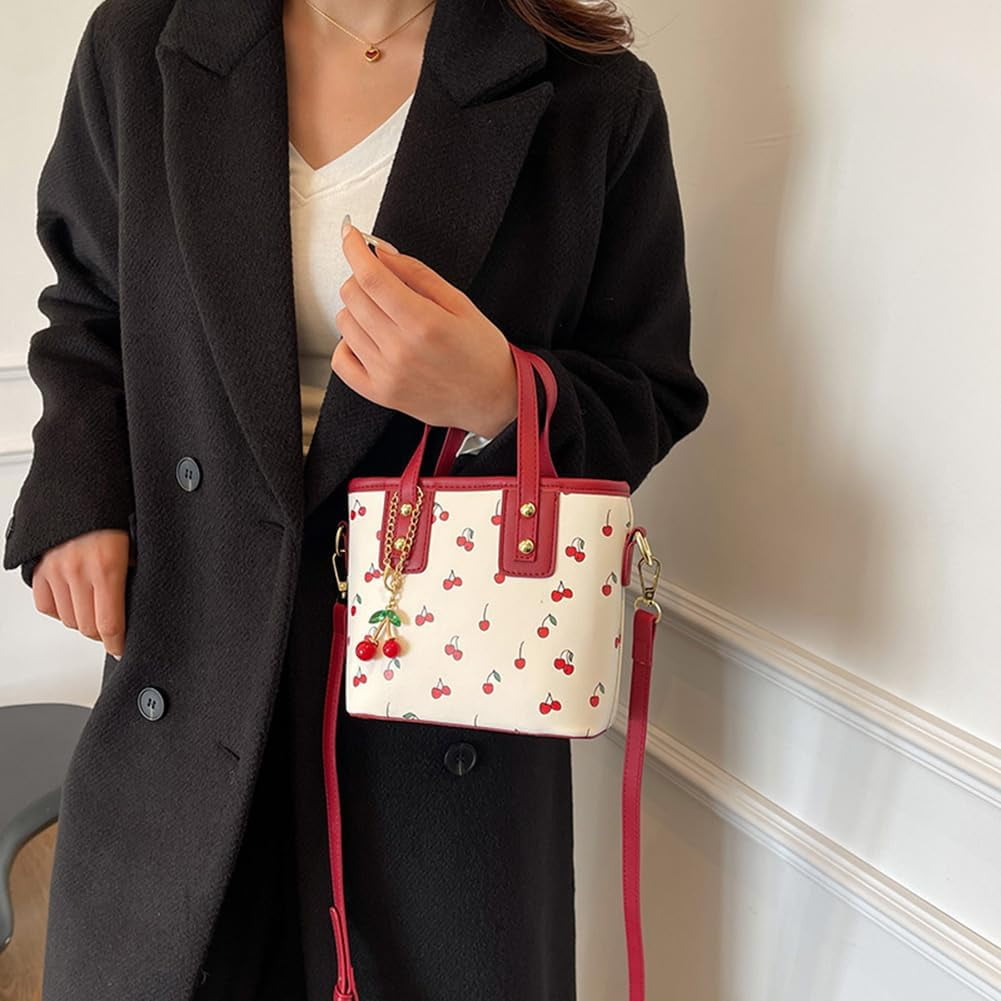 Crossbody Bags for Women, Small Cherry Print Shoulder Bag Cute Leather Tote Bag,Cherry Red Purse with Shoulder Strap