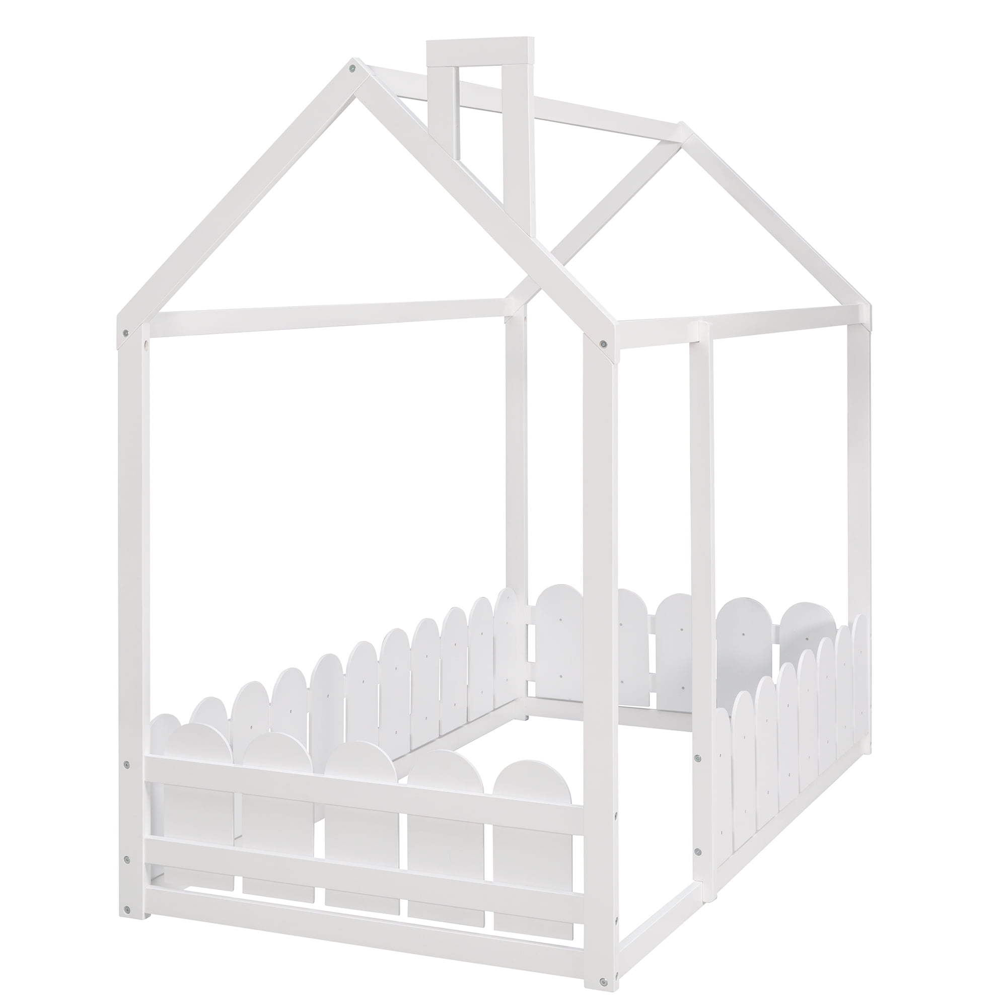 Gewnee Twin Size House Bed with Fence and Roof,Wood Floor Bed Frame for Toddlers and Kids,White