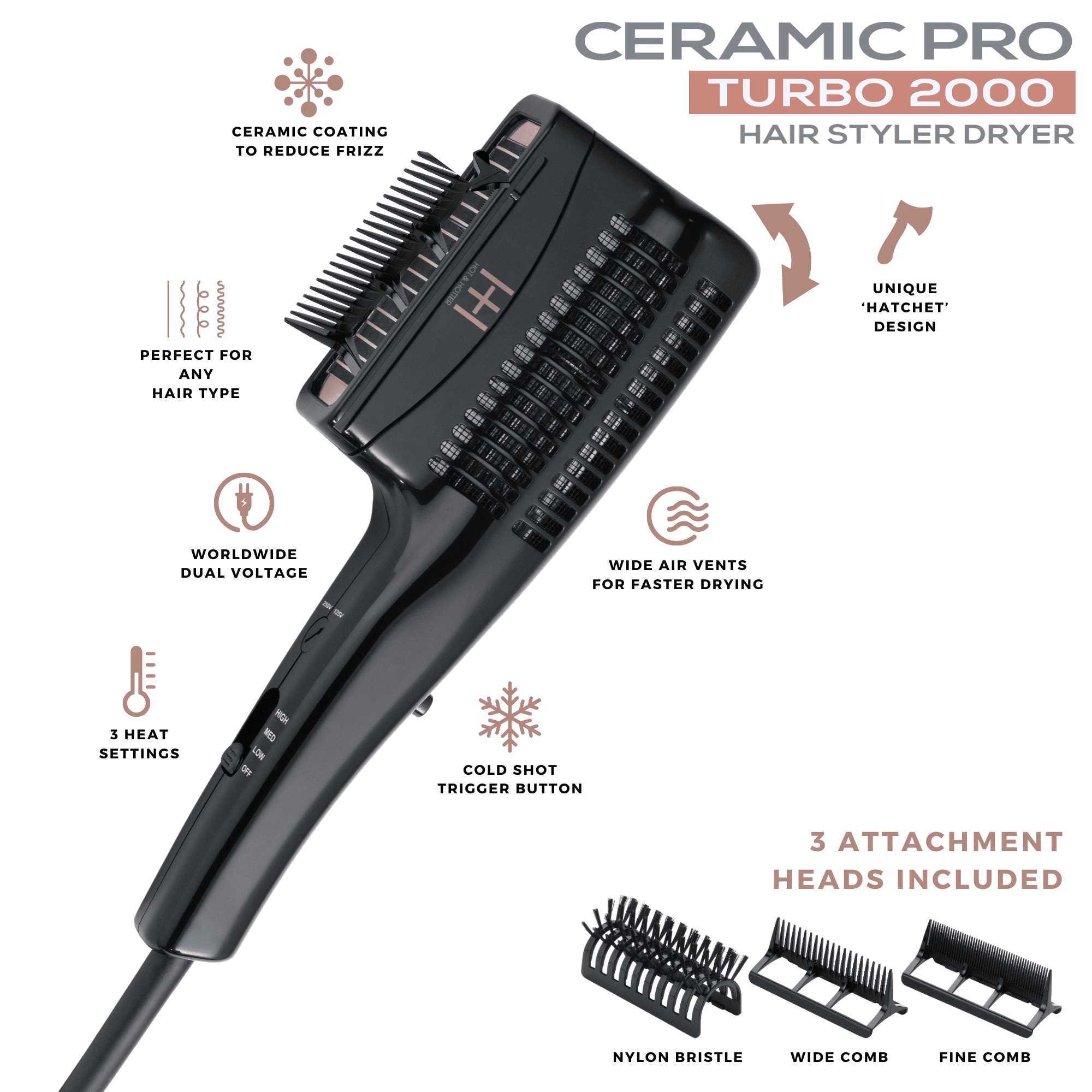 Hot & Hotter Ceramic Pro Turbo Hair Styler Dryer, Black