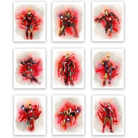 Iron Man Superhero Watercolor Art Prints (Unframed) | Great Gift Set of 9 (8x10) | Perfect for Boys Room Decor