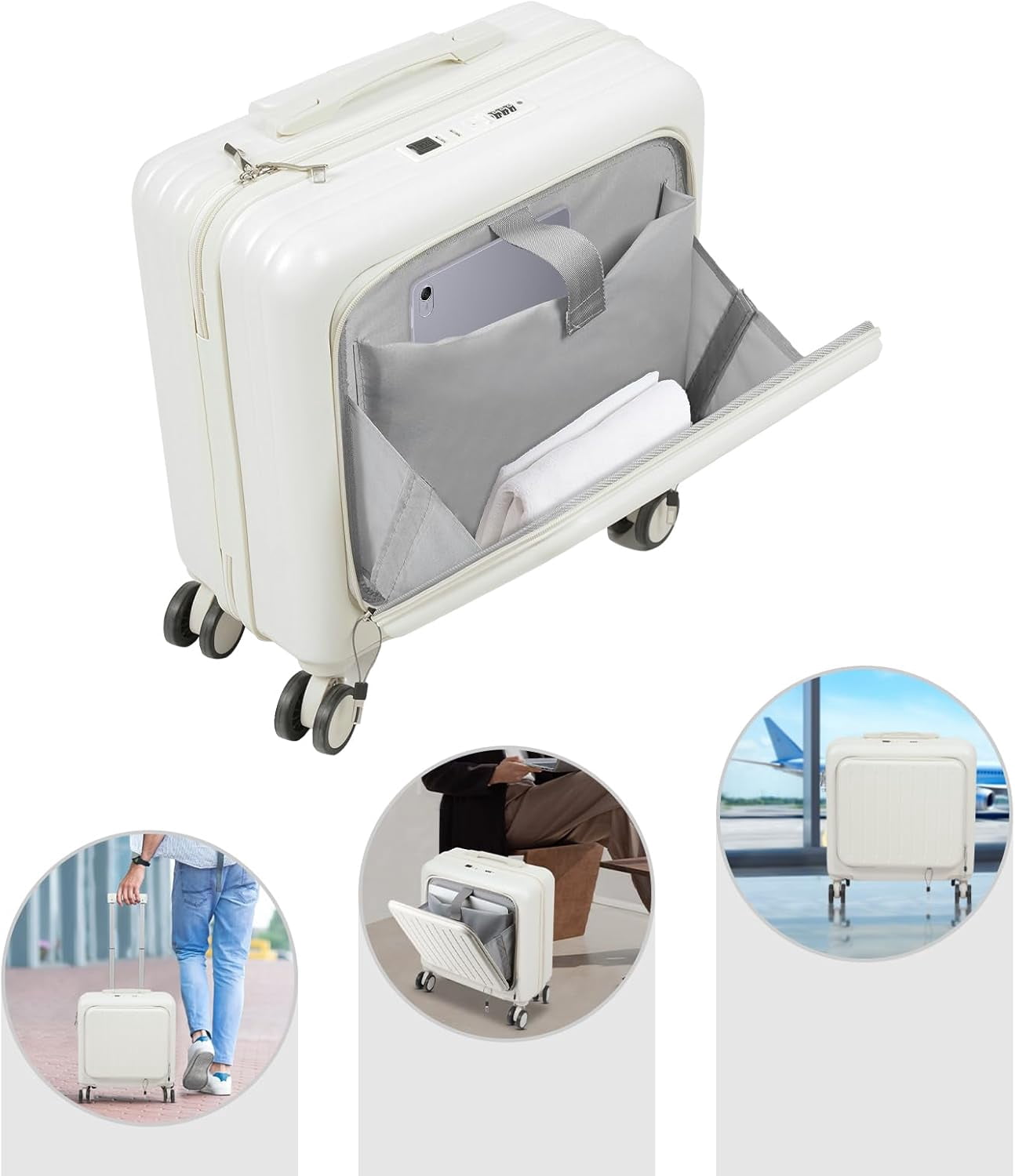 18 Inch Underseat Carry On Luggage with Wheels,Small Hard Shell Suitcase for Weekender,180° Top Opening Lightweight Travel Suitcase (White)