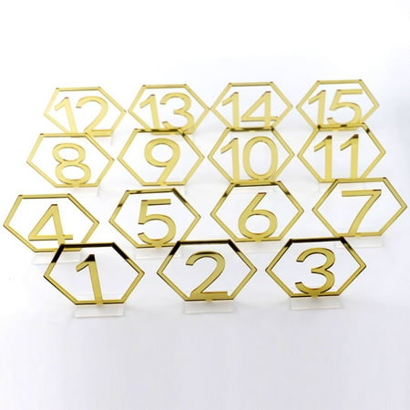 

ZPAQI 1-15 Hexagon Table Seat Signs Numbers Gold Acrylic Mirror for Engagement Wedding