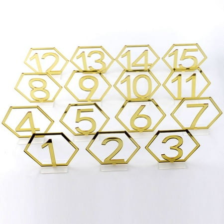 

ZPAQI 1-15 Hexagon Table Seat Signs Numbers Gold Acrylic Mirror for Engagement Wedding