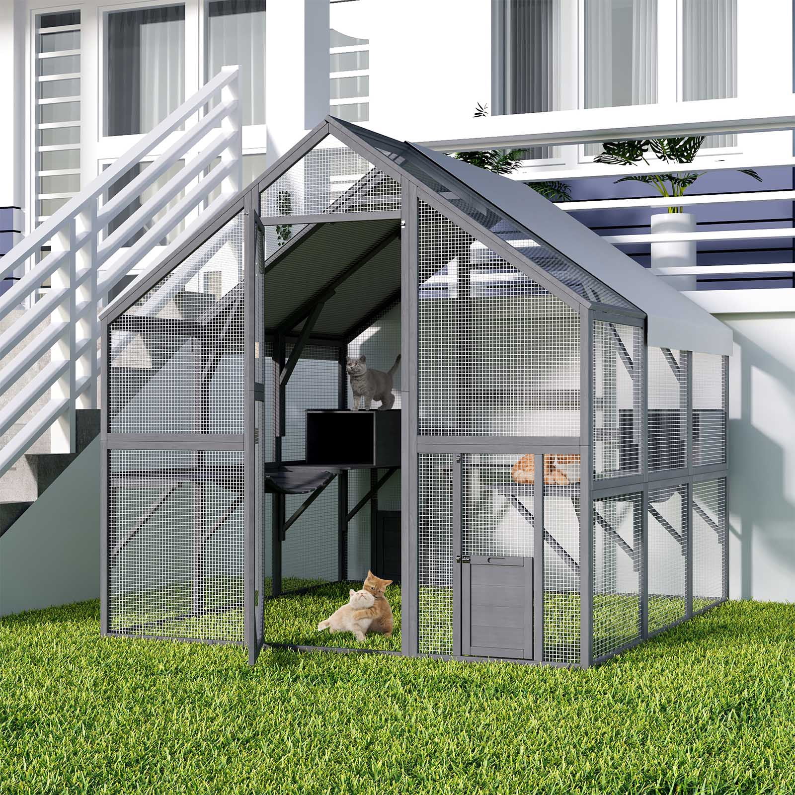 NARTRU 43ft2 Large Wooden Outdoor Cat House, Walk in Cat Catio Cage with Enter Door, 2 Cat Doors, Roof Cover