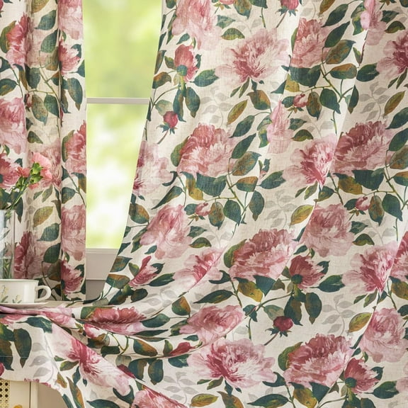 Pink Vintage Floral Curtains for Living Room 84 Inch Length  Country Peony Linen Patterned Curtains Farmhouse Botanical Drapes Semi Blackout Window Curtain Panels Pair W50 x L84