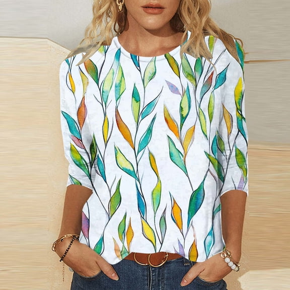LYEAA Women Fashion 3/4 Length Sleeve T-Shirt Stylish Printed Crew Neck Cotton Top with Elastic Hem for Yoga, Shopping Casual Weekend Activities Yellow S