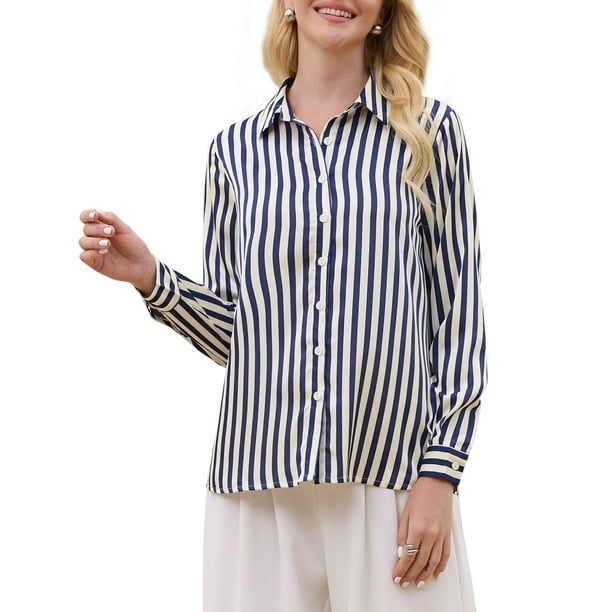 Camisa de satén a rayas para mujer Inspire Chic, con botones, de manga larga, blusa de oficina, color azul marino
