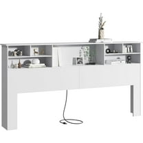 King Size Headboard for Bedroom, Stylish Bookcase Headboard with Built-in Charging Station & 2 LED Lights, Engineered Wood Headboards, Noise-Free HeadBoard King Size with Storage, White