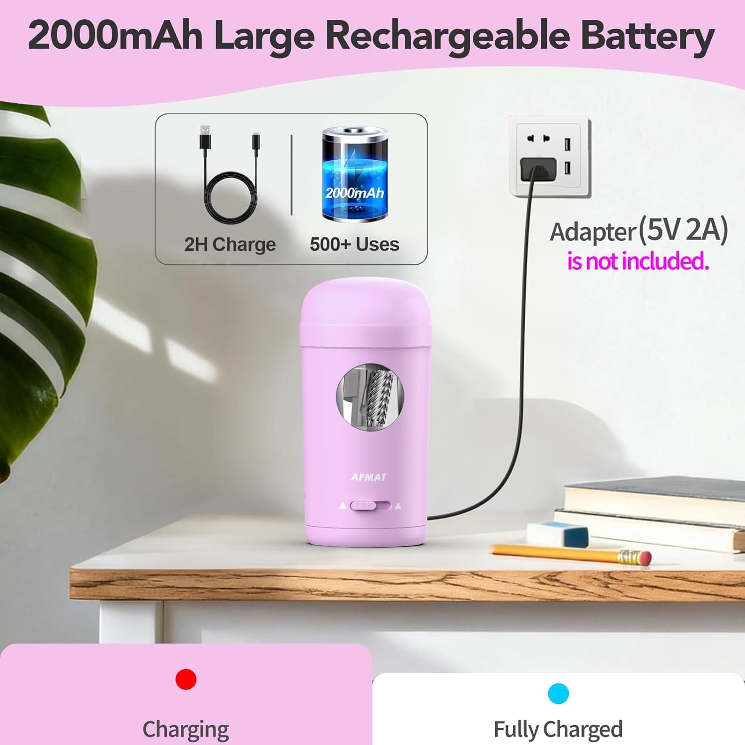 AFMAT Electric Pencil Sharpener, Fully Automatic Pencil Sharpener for 7-8mm Pencils & Colored Pencil, Auto in & Out, Rechargeable Vertical Hands-Free Sharpeners for Classroom/Home/Office(Purple)