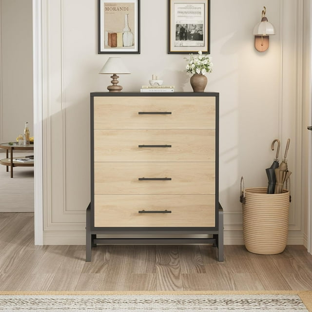 Bingirl Commode pour Chambre avec Miroir et Rangement, Coiffeuse à 4 Tiroirs Polyvalente / Armoire de Rangement Style Ferme pour Chambre, Entrée, Salon