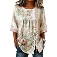 thumbnail image 4 of Zysthvn Plus Size Womens Tops Summer Floral 3/4 Sleeve Tunic Tshirts for Women Crew Neck Drawstring, 4 of 5