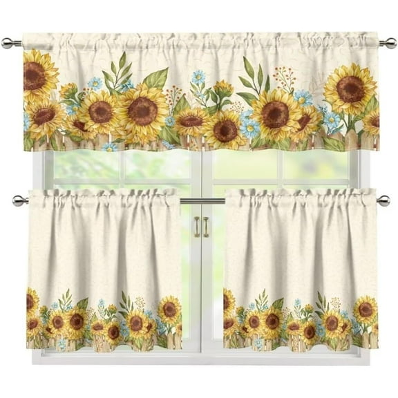 Fall Kitchen Curtain and Valance Set Yellow Sunflower Thanksgiving Cafe Bar Window Curtains Bright Floral Light Filtering 24" Length Tier and Valance for Farmhouse Country 3 Pcs Window Curtain