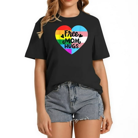Free Mom Hugs Gay Pride LGBT Transgender Rainbow F Summer Tops for Women with Stylish Graphic Print