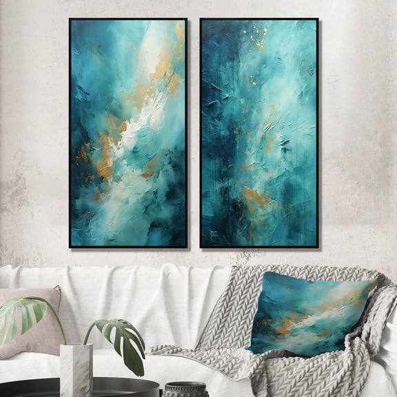Designart "Turquoise Calm II" Abstract Landscapes Framed Wall Art Set Of 2 - Teal Landscapes Gallery Wall Frame Set For Home Decor