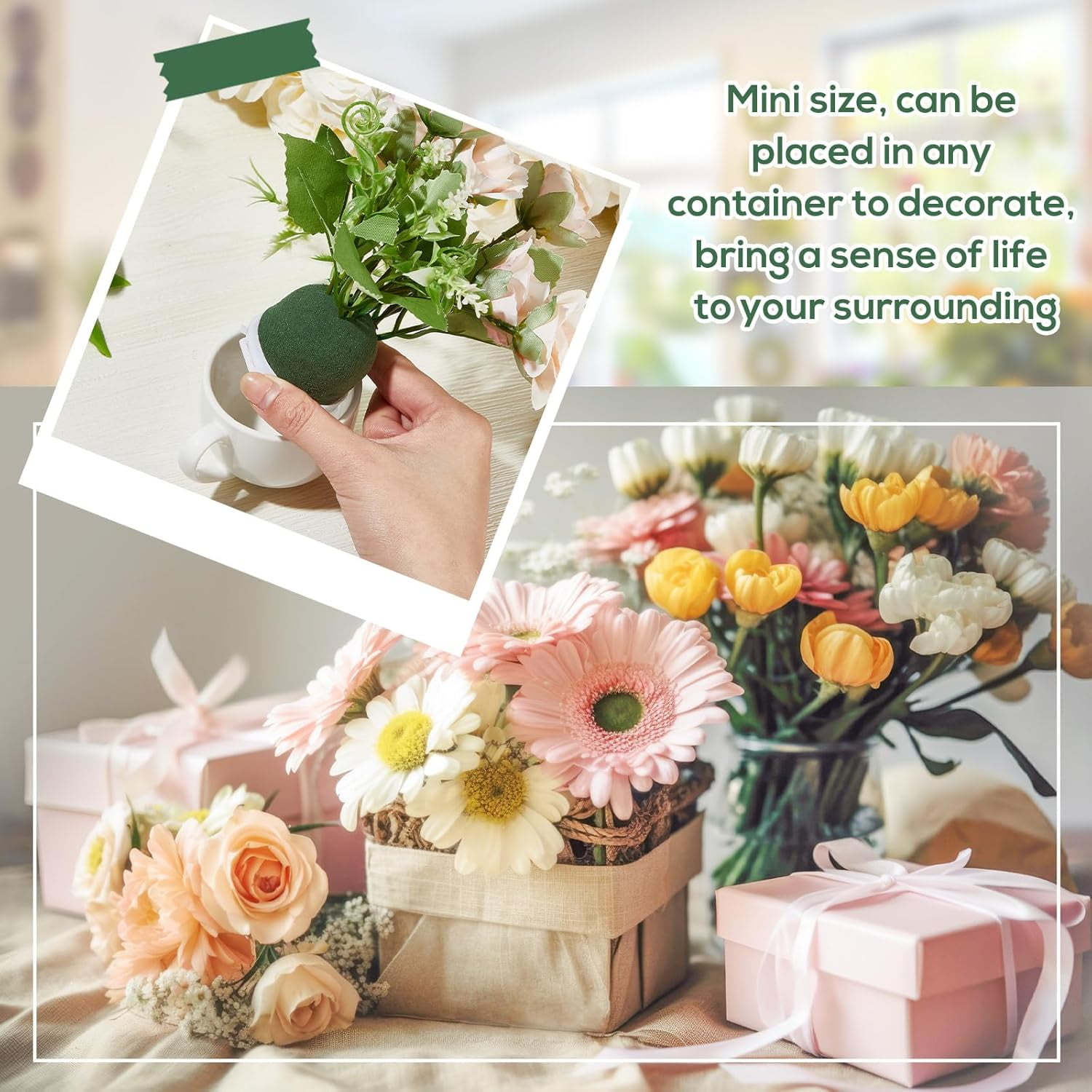ABPETE 36 Pcs Mini Floral Foam Holder Round Floral Foam with Green Arrangement Wire Arrangement Supplies for Table Wedding Wine Bottle Decor