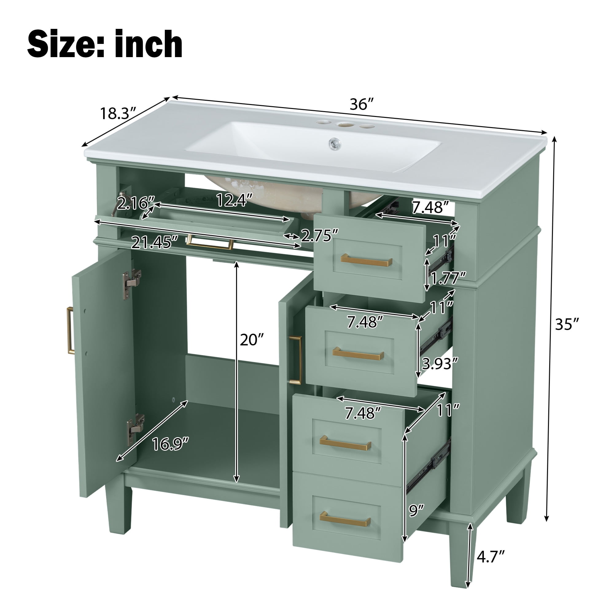 Euroco 36" Bathroom Cabinet with Ceramic Sink, Soft-Close Doors, Golden Handles, Ample Storage, and Overflow Protection