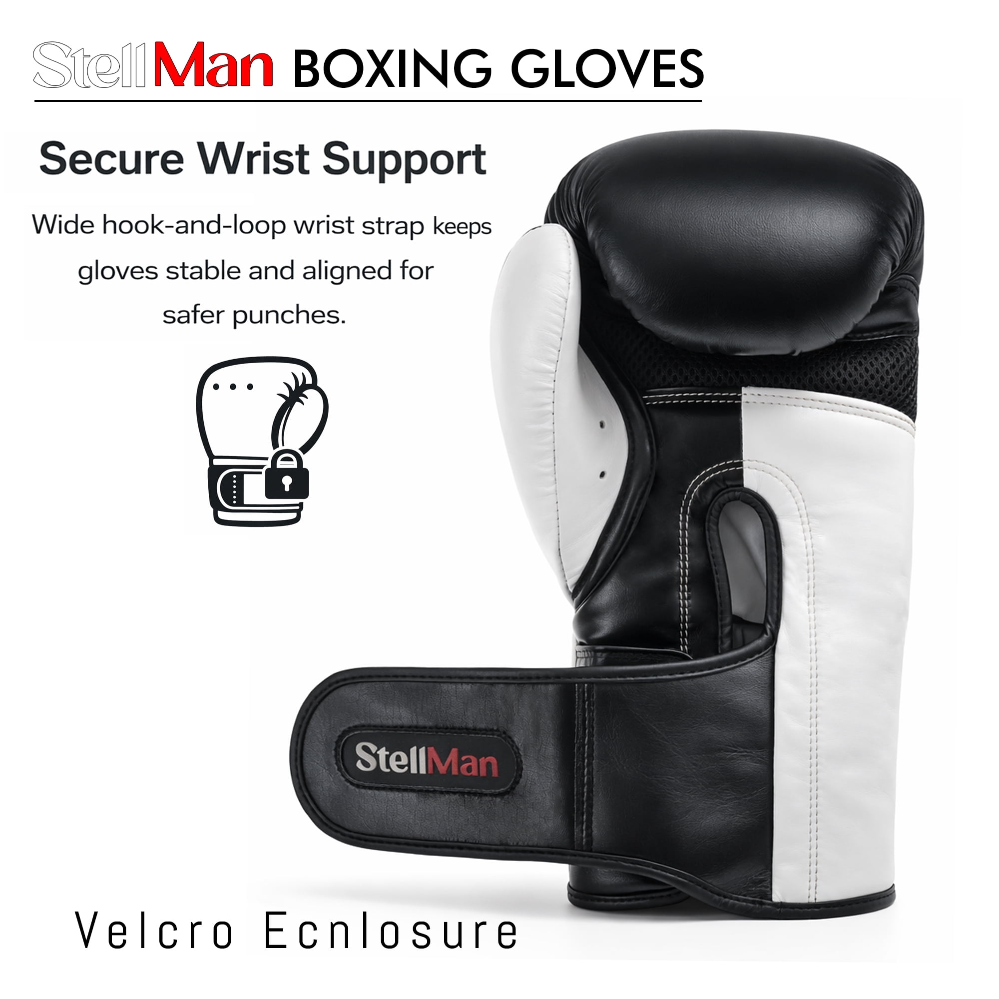StellMan Boxing Gloves Muay Thai MMA Kickboxing Pro Training Sparring Adult Men Women OZ 8 10 12 14 16 Fit Hook and Loop Closure Ventilation Wrist (10 OZ)