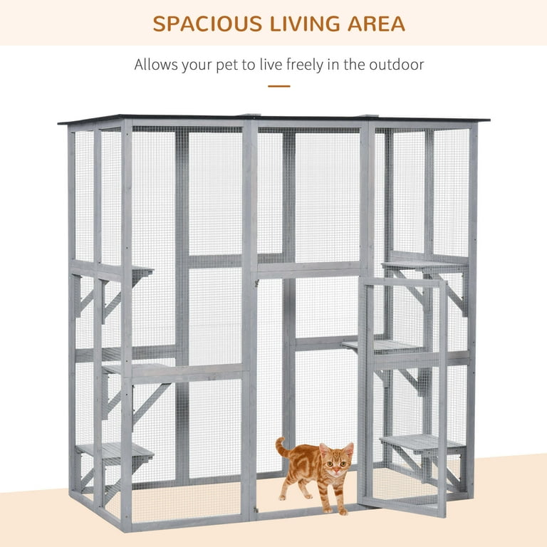 PawHut Wooden Catio Enclosure with Weather Protection 6 Platforms Outdoor Large 71