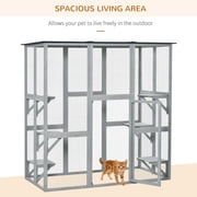 PawHut Outdoor Wooden Cat House with 6 High Ledges, 71 in, Gray