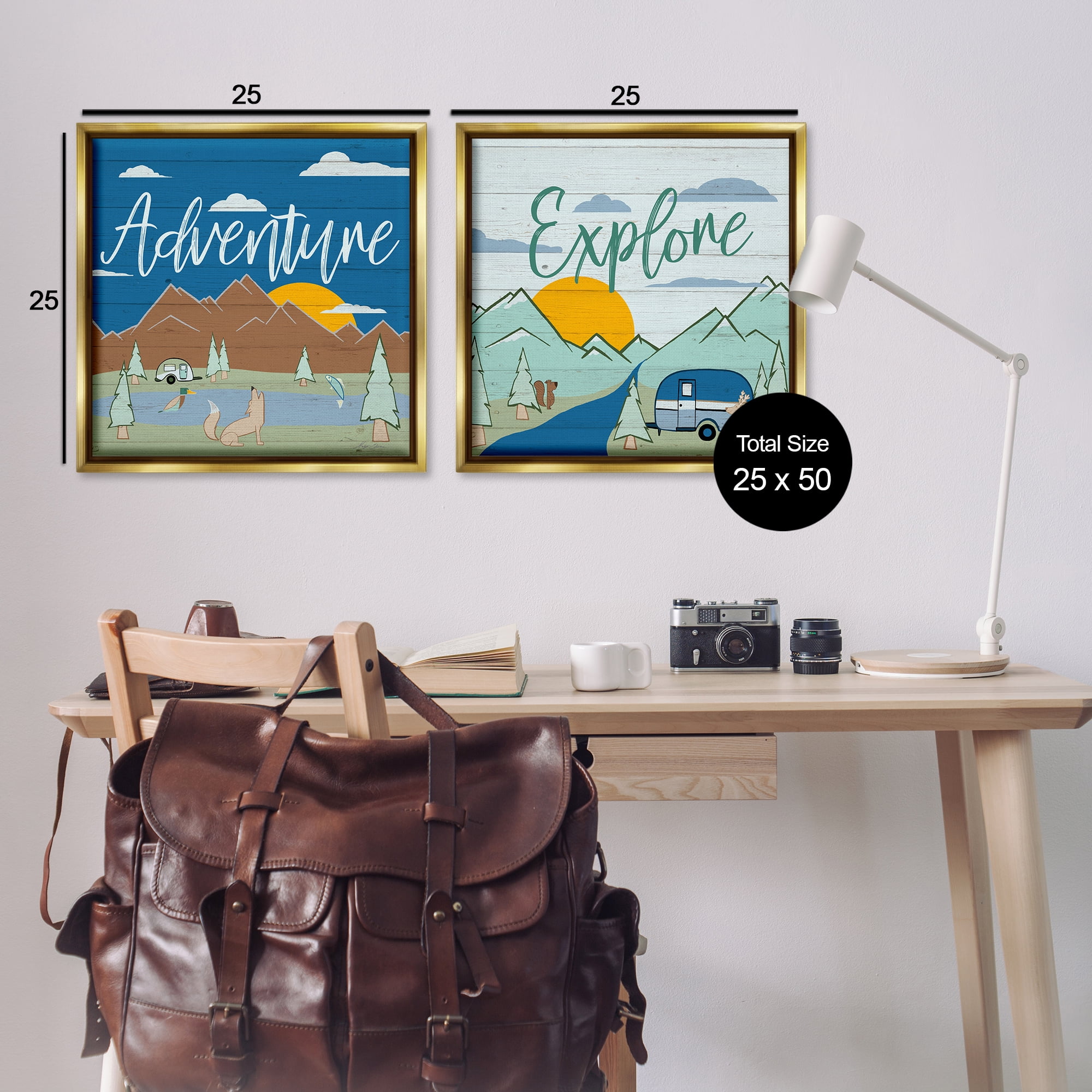Stupell Industries Adventure Explore Camping Landscape & Nature Painting Gold Floater Framed Canvas Art Print Wall Art, 25 x 25, Set of 2