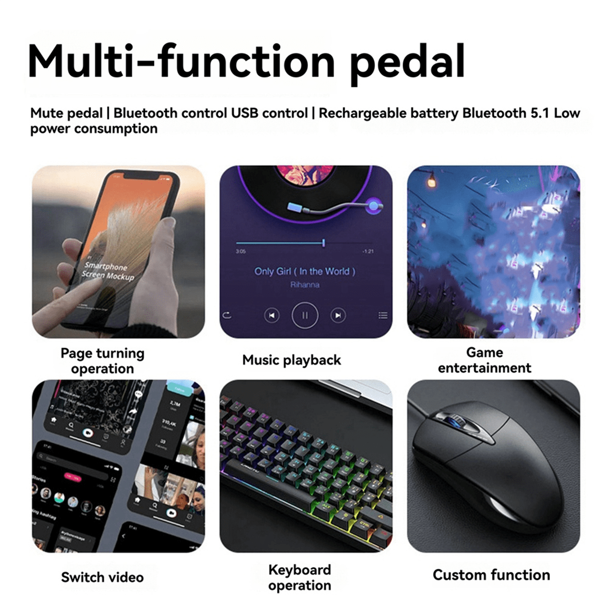 Double Foot Switch Pedal Keyboard Mouse Nonslip Foot Pedal Switch Bluetooth Piano Practice Page Turner Dual Mode,1 x Customized pedal keyboard 1 x Type-C charging cable,Black