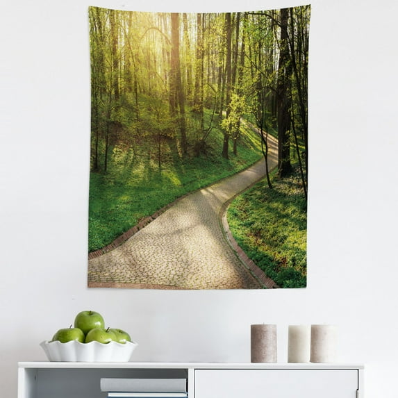 Outdoor Tapestry, Footpath Green City Park Sun Rays Freshness Hiking Forest Tranquil Botany, Fabric Wall Hanging Decor for Bedroom Living Room Dorm, 5 Sizes, Green Beige Yellow, by Ambesonne