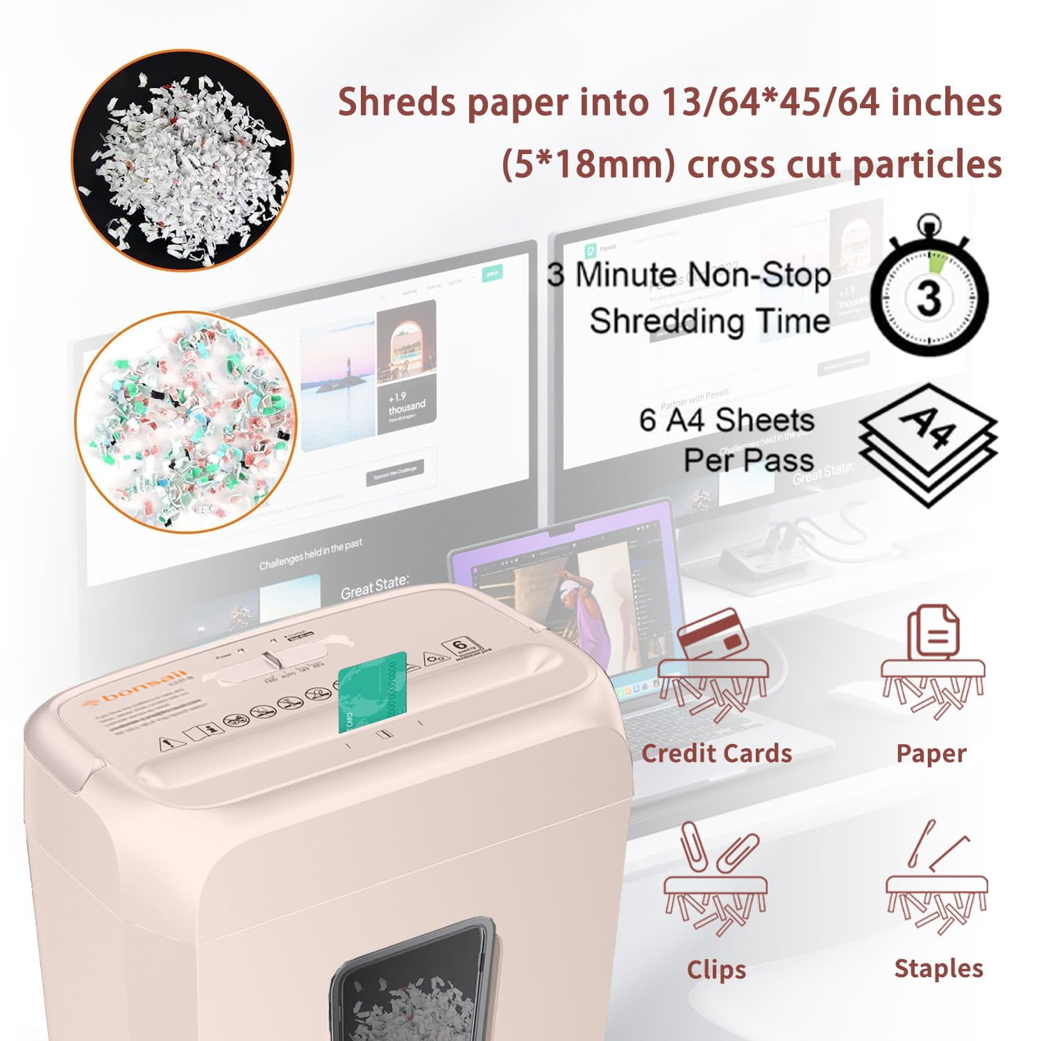 P-4 Security 6-Sheet Cross Cut Shredder, Compact for Home Office, Shreds Paper Cr Cards Staples Clips, 3-Minute Nonstop Operation, 3.4 Gallon Transparent Wastebin, Pink