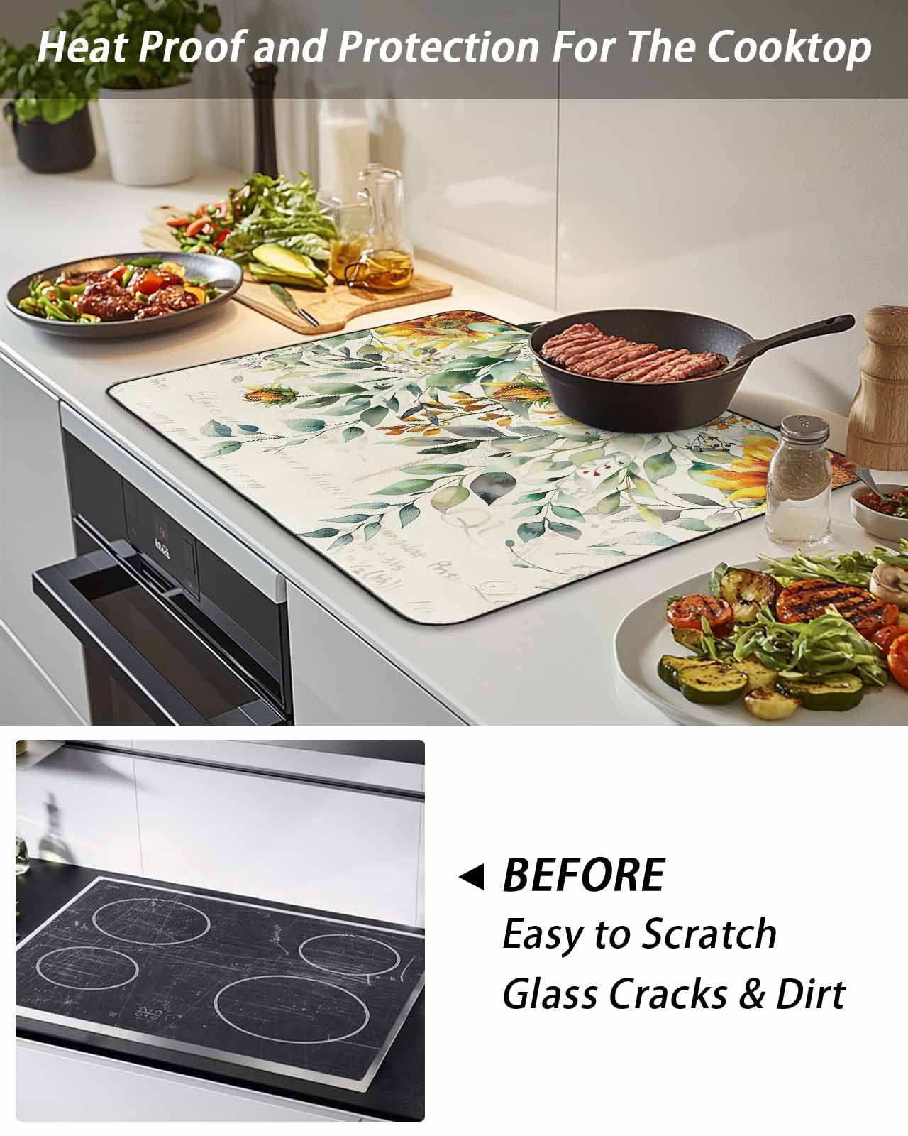 Stove Top Covers for Electric Stove, Sunflowers Glass Stovetop Cover Protector, Spring Floral Eucalyptus Leaves Summer Botanical Induction Cooktop Protector Oven Mat for Kitchen Countertop 24"x21"