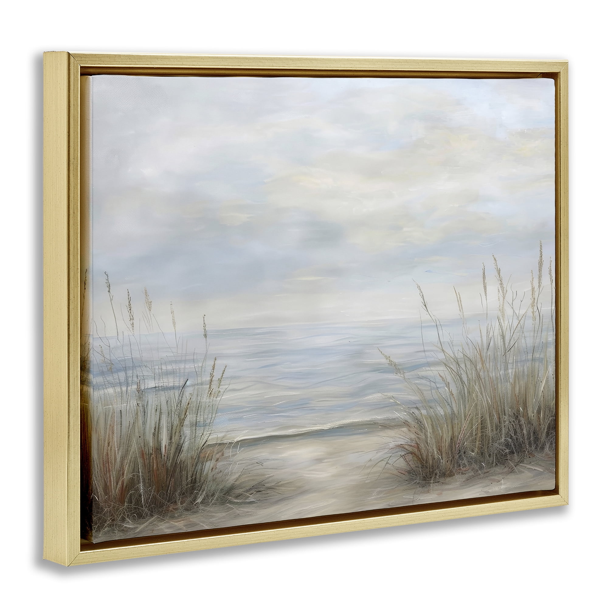 Stupell Industries Silent Beach with Seaside Dunes Gold Framed Floater Canvas Wall Art, design by Petal Prints Design