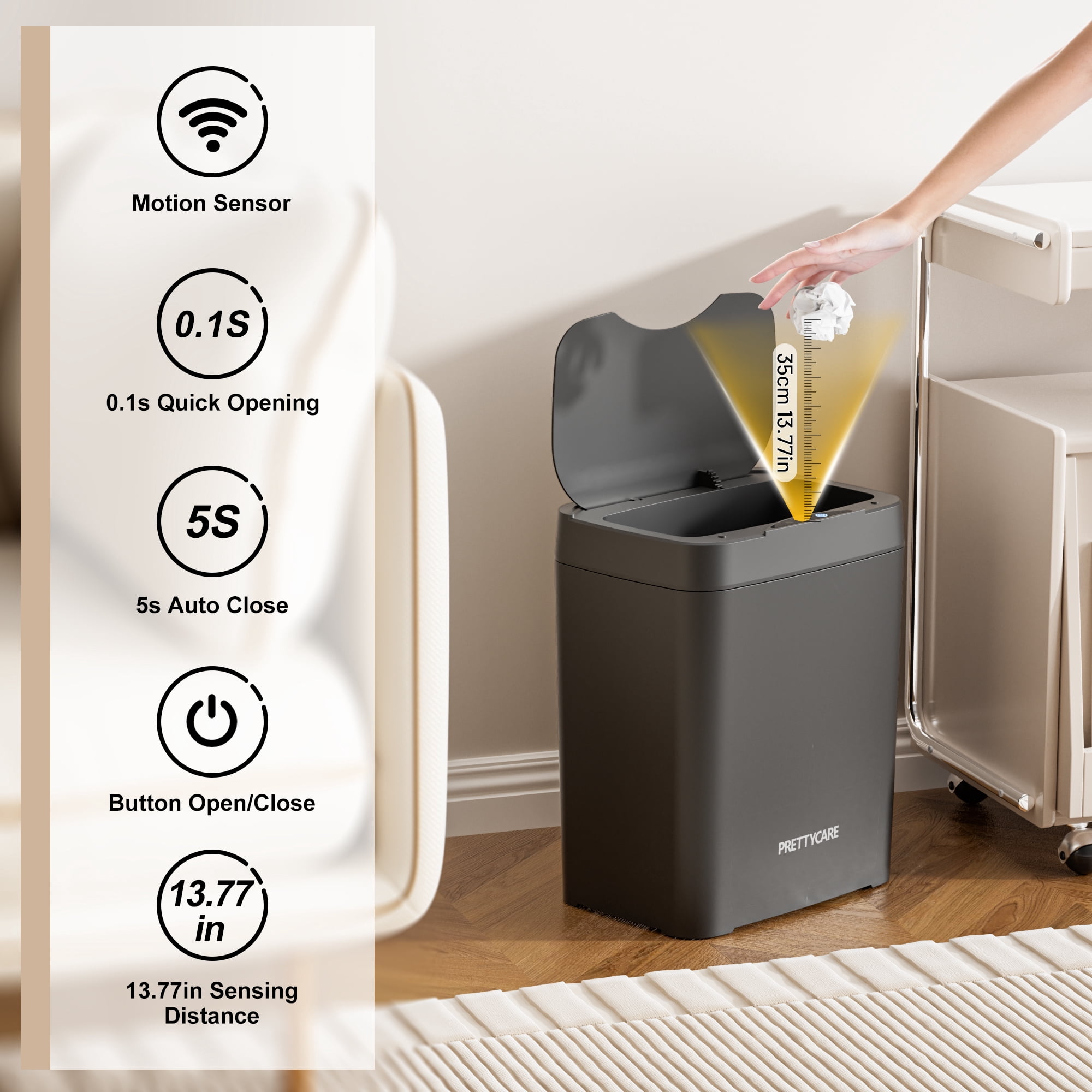 PrettyCare 2 Packs 3.6 Gal Automatic Bathroom Trash Cans with Lid Touchless Small Bedroom Plastic Garbage Can Black GC01